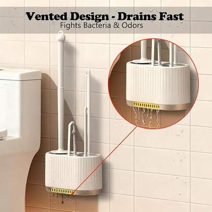 4 in 1 Toilet Cleaner Brush Toilet Bowl Brush and Holder Set Silicone Toilet Brush，Stuff Floor Standing or Wall Mounted Toilet Scrubber Without Drilling (White)