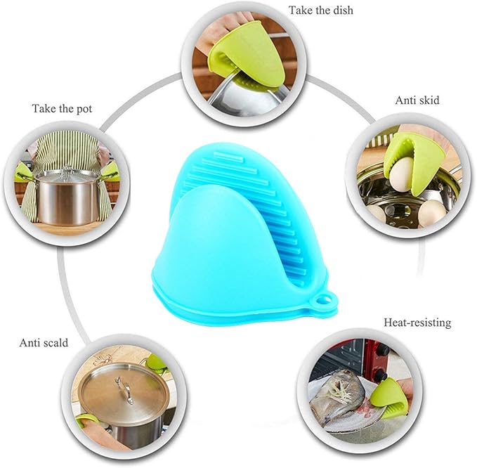 2 Pairs Mini Oven Gloves Silicone Heat Resistant Cooking Pinch Mitts Potholder for Kitchen Cooking & Baking (Red and Blue)