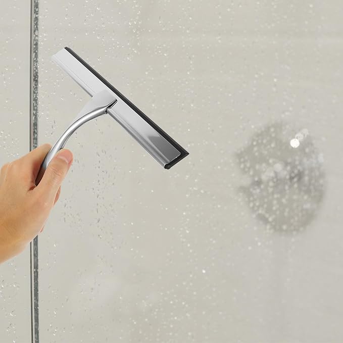 Toyvian Stainless Steel Shower Squeegee and Window Squeegee with 10-inch Blade and Adhesive Hook, Glass and Mirror Cleaner for Bathroom, Car, and Shower Door Use