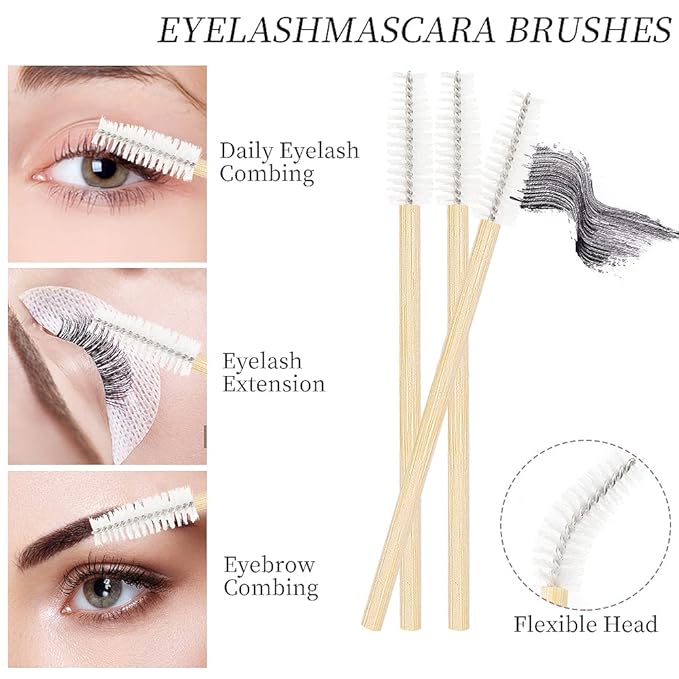 300 PCS/Sets Eyelash Extension Supplies 200pcs Disposable Pointed Micro Applicator 50pcs Eyebrow Spoolie Brush 50pcs Lip Wand Mascara Wand Makeup Tools (Bamboo kits)