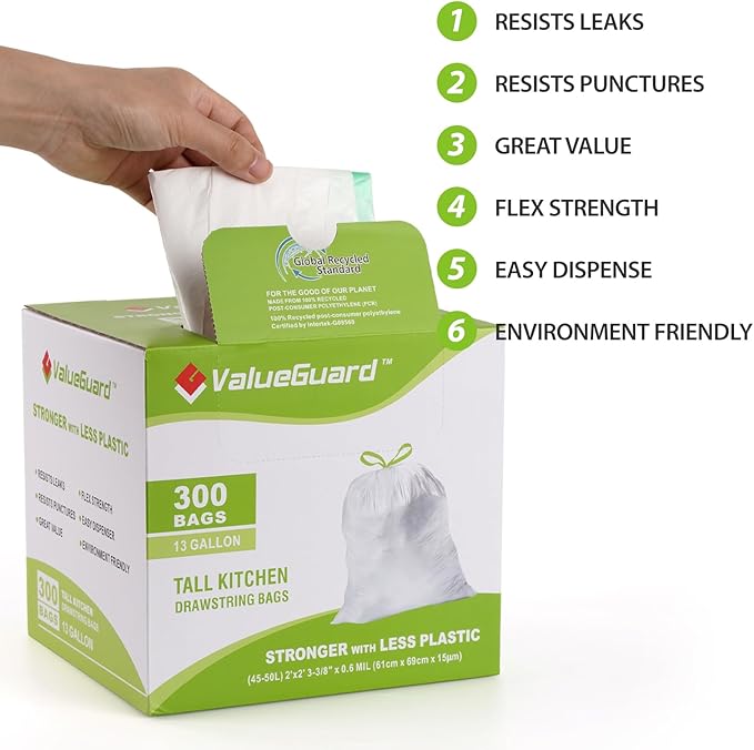 ValueGuard Large Trash Bags 13 Gallon Tall Drawstring 100% Post-Consumer Recycled Garbage Bag Waste Bag for Kitchen Office 0.6 Mil (300 Count)