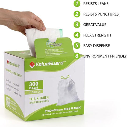 ValueGuard Large Trash Bags 13 Gallon Tall Drawstring 100% Post-Consumer Recycled Garbage Bag Waste Bag for Kitchen Office 0.6 Mil (300 Count)