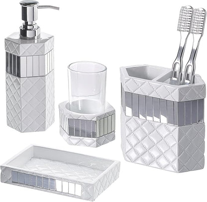 Creative Scents Quilted Mirror White Bathroom Accessories Set - Decorative 6 Piece Bathroom Set Includes: Trash Can, Tissue Box Cover, Soap Dispenser, Toothbrush Holder, Tumbler & Soap Dish