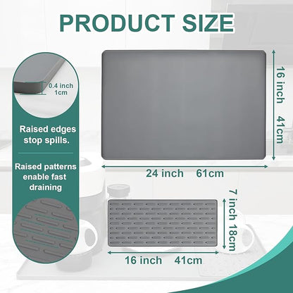 Silicone Coffee Mat, 24"X16" Heat-Resistant,Eco-friendly,Hygienic Drying Pad,Leak-Proof and Non-Slip,Removable Silicone Mat with Concave and Convex Design,（Gray 24X16）