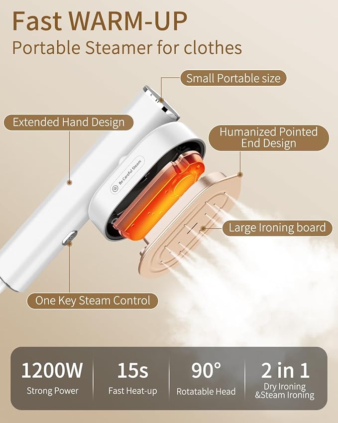 Steamer for Clothes, 2-in-1 Steam Iron for Clothes, 1200W Handheld Steamer 10s Heat-Up, Travel Steamer Fast Wrinkle Removal, Portable Garment Steamer for Home - White, 110-120V