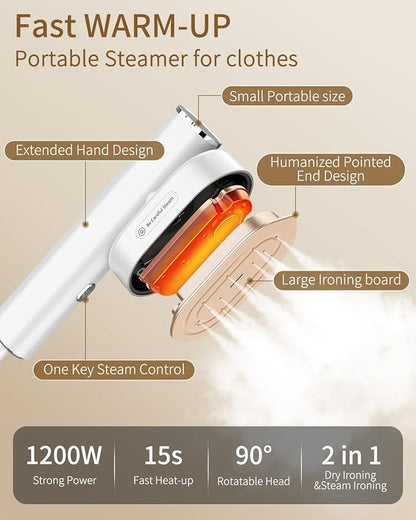 Steamer for Clothes, 2-in-1 Steam Iron for Clothes, 1200W Handheld Steamer 10s Heat-Up, Travel Steamer Fast Wrinkle Removal, Portable Garment Steamer for Home - White, 110-120V