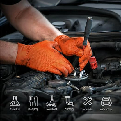 10mil Nitrile-Gloves Disposable-Orange Chemical-Resistant Rubber - Mechanic Gloves Heavy Duty, Latex Free, Diamond Grip (500, X-Large)