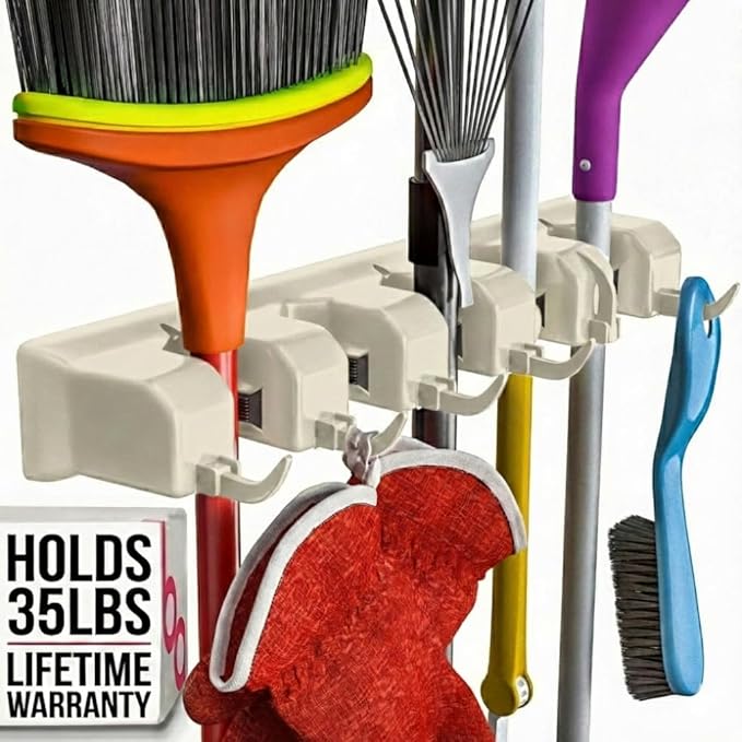 Broom Holder Wall Mount and Garden Tool Organizer, Closet Storage, Kitchen Rack, Home Organization and Garage Organizer for Rake or Mop Handles Up to 1.25-Inches, Hanger Plus 6 Hooks (BEIGE, 1 PACK)