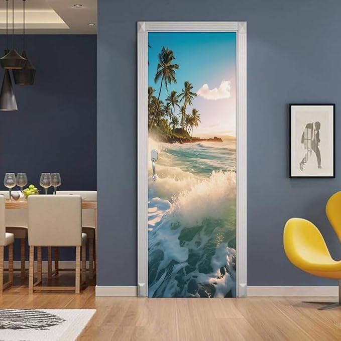 REDAMANCY Sea Wave Beach Shore Tree Peel and Stick Door Stickers Vinyl 3D Door Mural Decals Decor Wallpaper Self-Adhesive, Waterproof, Removable