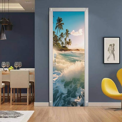 REDAMANCY Sea Wave Beach Shore Tree Peel and Stick Door Stickers Vinyl 3D Door Mural Decals Decor Wallpaper Self-Adhesive, Waterproof, Removable