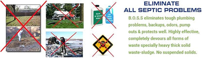 B.O.S.S. Septic Tank Treatment - 12.5oz Powder - 24 Drain or 5 Septic Doses - Patented Bacterial Enzyme - 100% Treats Odors Clogs Backups Pumpouts & Repairs - Works in All Septic Systems - Made in USA