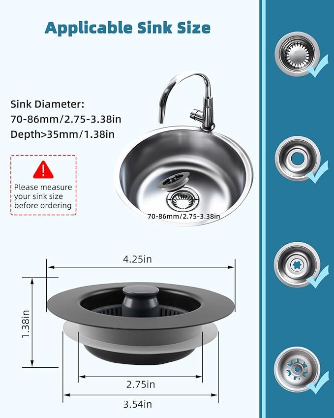 Universal 3 in 1 Kitchen Sink Drain Strainer Stopper Combo, 2PCS Matteblack Stainless Steel Shell Pop Up Sink Stopper for US Standard 3-1/2 inch Drain Filter, Anti-Clog and Easy Clean