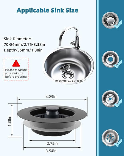Universal 3 in 1 Kitchen Sink Drain Strainer Stopper Combo, 2PCS Matteblack Stainless Steel Shell Pop Up Sink Stopper for US Standard 3-1/2 inch Drain Filter, Anti-Clog and Easy Clean