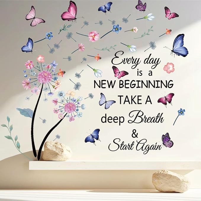 Flowers Wall Decals Removable Dandelion Wall Stickers Inspirational Quotes Flying Butterfly Wall Stickers Murals Self-Adhesive Peel and Stick Colorful Flower Wall Decor for Girls Bedroom Living Room