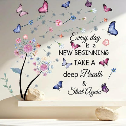 Flowers Wall Decals Removable Dandelion Wall Stickers Inspirational Quotes Flying Butterfly Wall Stickers Murals Self-Adhesive Peel and Stick Colorful Flower Wall Decor for Girls Bedroom Living Room