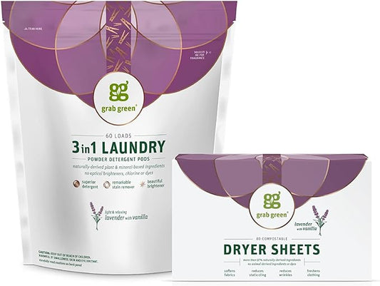Grab Green 3-in-1 Laundry Detergent Pods and Dryer Sheet Bundle, 60 Count Pods and 80 Dryer Sheets, Lavender Vanilla Scent, Plant and Mineral Based Laundry Essentials