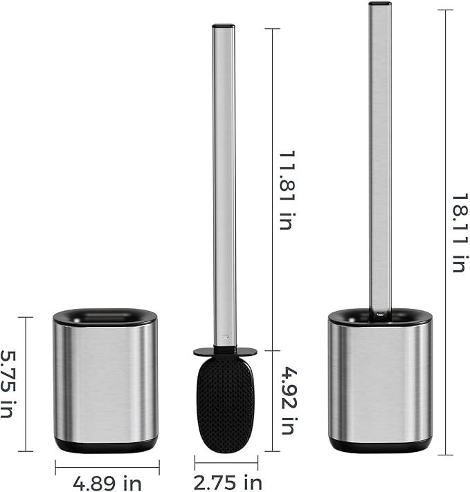 Silicone Toilet Brush Holder Set,TPR Toilet Bowl Brush with Long Stainless Steel Handle and Flexible Bristles,Deep Cleaning & No-Scratch Toilet Scrubber, Sleek Toilet Brush with Weighted Base (2, SS)