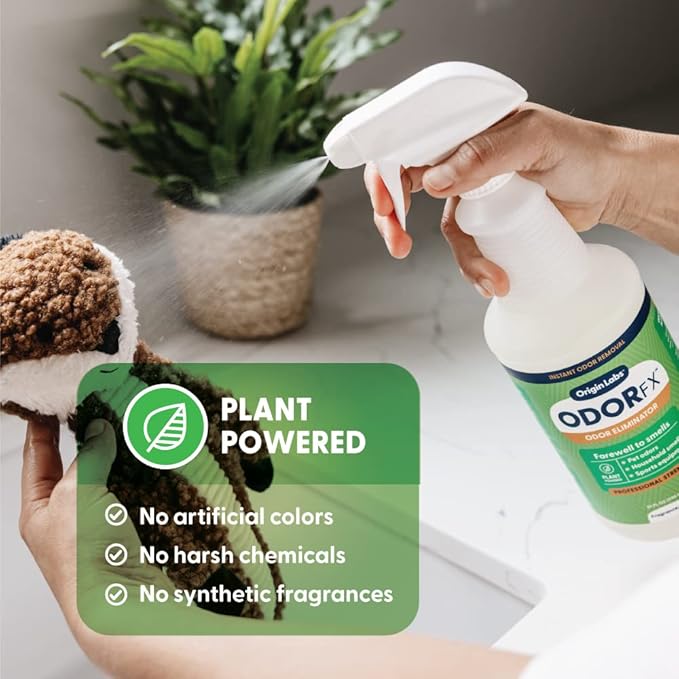 Origin Labs OdorFx Pet Odor Remover for Strong Odors, Rug, Upholstery and Carpet Cleaner Solution, Removes Air and Surface Odors and Smells, No Harsh Chemicals & Fragrance Free Air Freshener, 32 Fl Oz