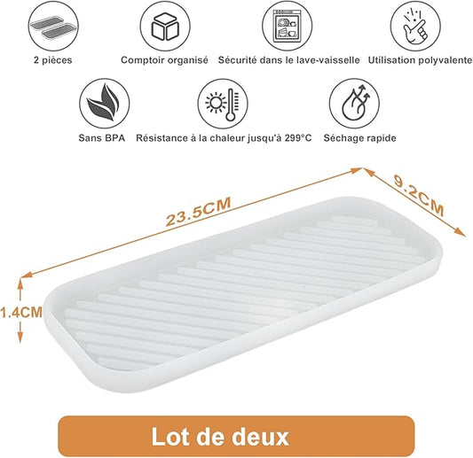 Silicone Organizer Tray, Soap and Sponge Holder for Kitchen Sink, Bathroom - Storage Tray for Dish Brush, Soap Dispenser, Dishwashing Accessories- 2 Pack (Clear)