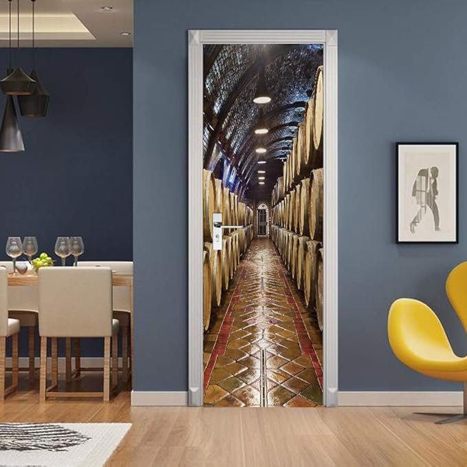 3D Door Stickers Murals Peel and Stick - Wine Cellar Wallpaper Self-Adhesive Decals Removable PVC Waterproof Poster for Bedroom Living Room 31.5" x 78.7"