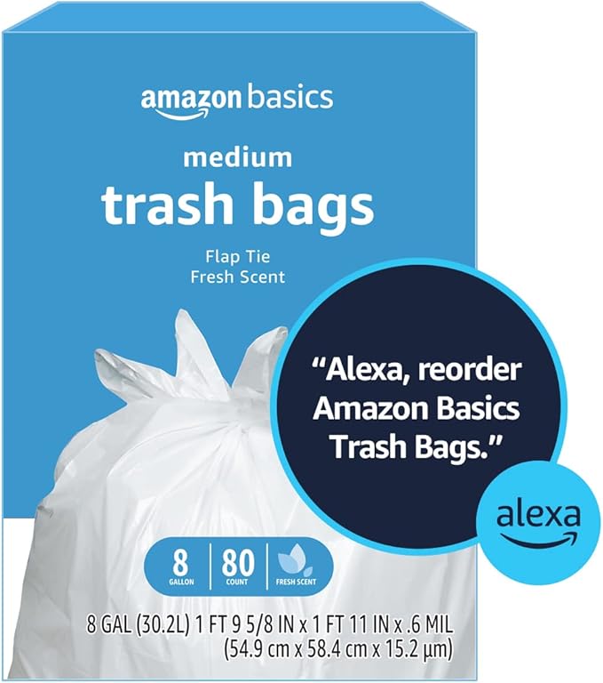 Amazon Basics 8 Gallon Flap Tie Trash Bags Fresh Scent, 80 Count (Pack of 3)