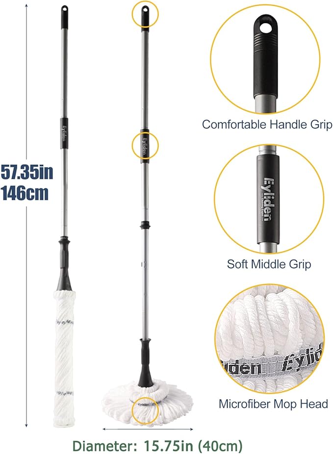 Eyliden Mop with 2 Reusable Microfiber Heads, Easy Wringing Twist Mop, 57.5 inch Long Handle, Wet Mops for Floor Cleaning, Commercial Household Clean Hardwood, Vinyl, Tile, and More (White)