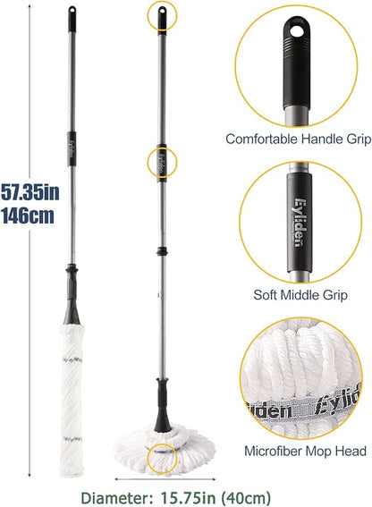 Eyliden Mop with 2 Reusable Microfiber Heads, Easy Wringing Twist Mop, 57.5 inch Long Handle, Wet Mops for Floor Cleaning, Commercial Household Clean Hardwood, Vinyl, Tile, and More (White)
