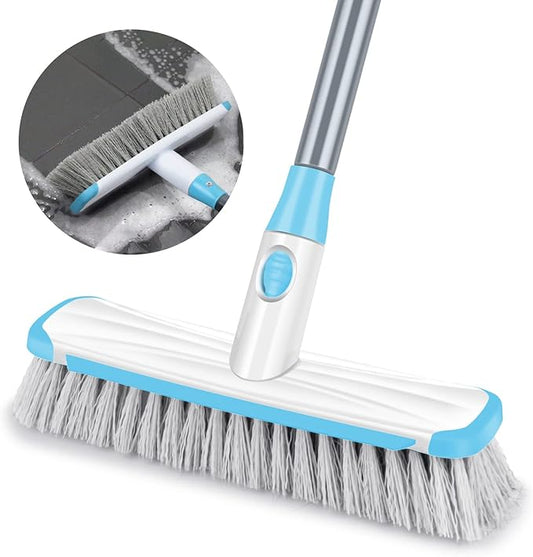 Floor Scrubber with Long Handle, 2 in 1 Scrubbing Brush Stiff Bristle Shower Cleaning Brush for Bathroom, Kitchen, Tub, Carpet, Grout, Tile(Blue)