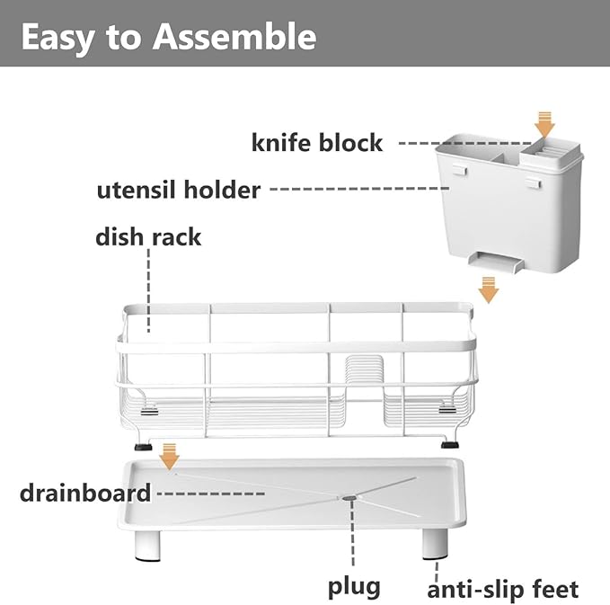 AIDERLY Iron Dish Drying Rack Auto Drain Dish Drainers Kitchen Counter Strainer with Draining Tray, All White