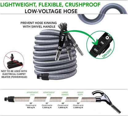 Ovo Central Vacuum Deluxe Plus Accessories Kit, With 30ft Low-Voltage hose, ON/OFF Control at the handle, 12’’ floor brush and accessories, For hard surfaces
