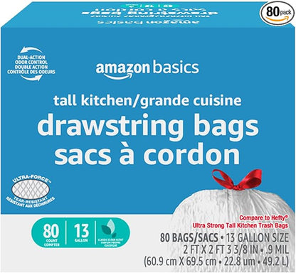 Amazon Basics Ultra-Force Tall Kitchen Drawstring Trash Bags, Classic Clean Scented, 13 Gallon, 80 Count with Odor Control