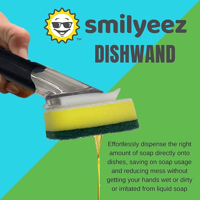 Smilyeez Soap Dispensing Dishwand (Grey) with Ergonomic Handle and 4 No-Plastic Sponges - Effortless Cleaning and Long-Lasting Durability - Kitchen and Dishwashing Essential