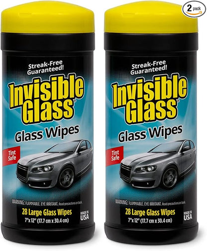 Invisible Glass 90166-2PK Large Glass Cleaning Wipes for Streak-Free Windows, Mirrors, and Glass, Lint-Free, Ammonia-Free, Tint-Safe, for Home and Auto, Canister, 28 Count (Pack of 2)