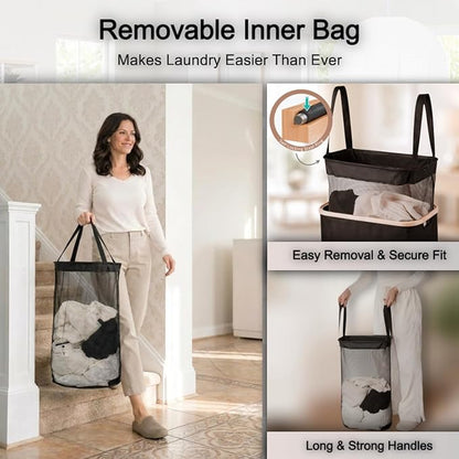 Slim Laundry Hamper with Lid, 60L Capacity, Bamboo Handles, and Steel Ring Removable Inner Bag - Collapsible Clothes Basket Laundry Organizer for Bedroom, Bathroom, Dorm, Black