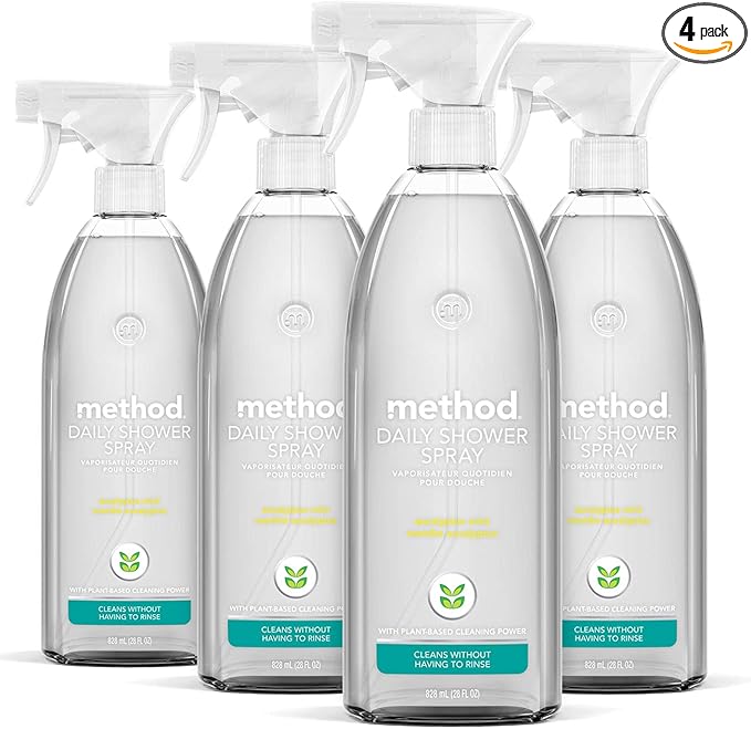Method Daily Shower Cleaner Spray, & Spray and Walk Away, Eucalyptus Mint Scent, 28 Fl Oz, (Pack of 4), Packaging May Vary