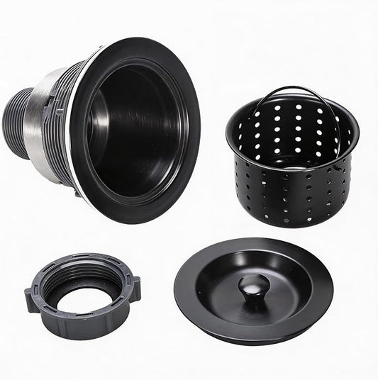 Kitchen Sink Drain 3-1/2 Inch Black Sink Drain Assembly Kit, Removable Deep Sink Strainer Basket with Sink Stopper/Sealing Lid for Home, Kitchen, Stainless Steel