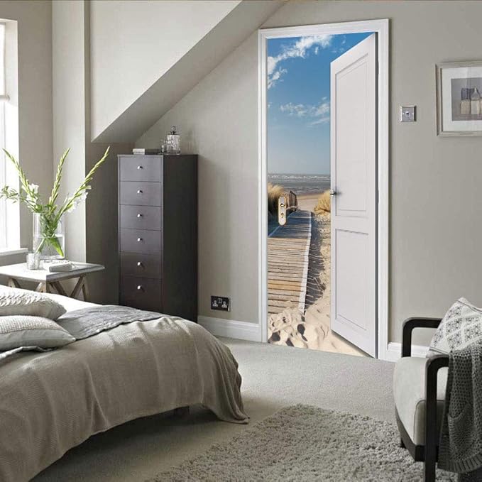 3D Door Wallpaper Self-Adhesive Poster - Beach Street Film Photo Premium PVC Waterproof Sticker Wall for Bedroom Living Room Decoration Stickers 95 x 200 cm