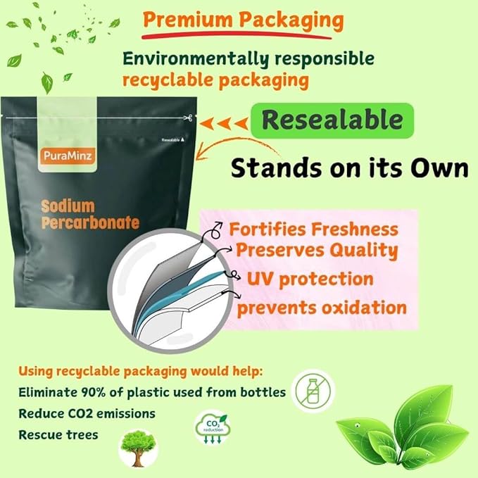 Sodium Percarbonate - 2 Pounds - Pure Oxygen Bleach Powder. Color Safe Stain & Grime Remover, Multi-Use Cleaner for Home & Laundry - Packed in Durable Resealable Packaging.
