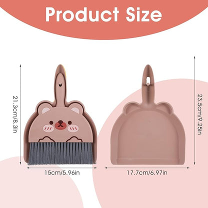 Portable Hand Broom and Dustpan Set, Cute Mini Dustpan and Brush with Bear Pattern, Small Cartoon Space Cleaning Tool for Home Office Desktop Car Camping Kitchen Tabletop (Brown)