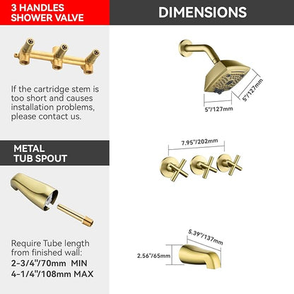 3 Handle Shower Faucet Set with Tub Spout 6-Spray Shower Head and Handle Set Shower Trim Kit with Rough-in Valve Bathroom Shower Faucet Valve Trim Kit Shower System Brushed Gold