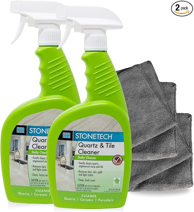 StoneTech Quartz & Tile Cleaner Spray – Quartz Countertop Cleaner for Engineered Stone, Ceramic & Porcelain – Removes Dirt & Spills – 2-Pack, 24oz Each + 2 Microfiber Cloths Fresh Scent