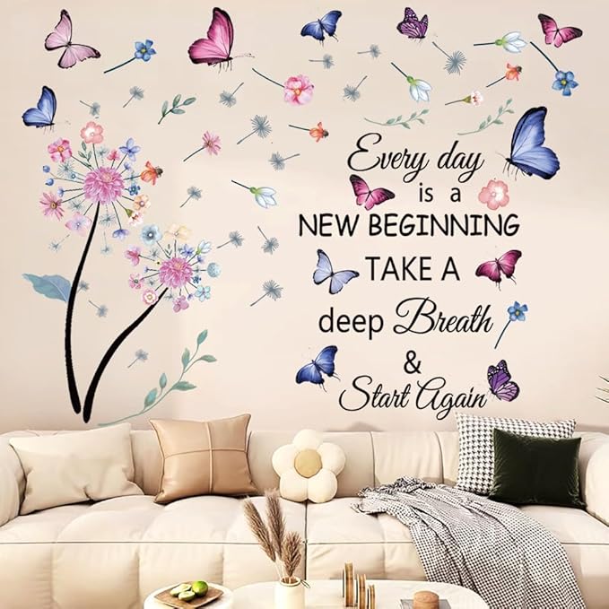 Flowers Wall Decals Removable Dandelion Wall Stickers Inspirational Quotes Flying Butterfly Wall Stickers Murals Self-Adhesive Peel and Stick Colorful Flower Wall Decor for Girls Bedroom Living Room