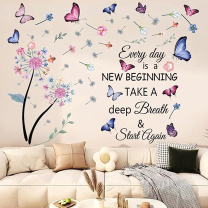 Flowers Wall Decals Removable Dandelion Wall Stickers Inspirational Quotes Flying Butterfly Wall Stickers Murals Self-Adhesive Peel and Stick Colorful Flower Wall Decor for Girls Bedroom Living Room