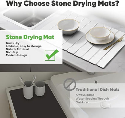 Stone Dish Drying Mat for Kitchen Counter - 24" x 16" Ultra Absorbent Diatomaceous Earth Mat, Fast Drying & Foldable Countertop Protector, Non-Slip Eco-Friendly Stone Mat for Dishes