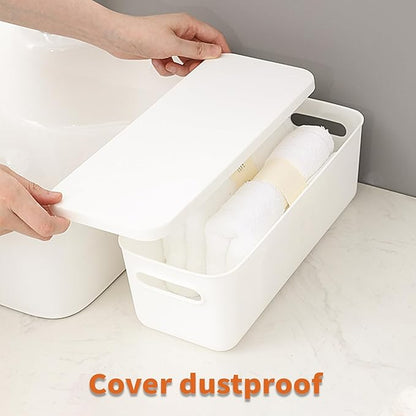 Plastic Storage Baskets With Lid Organizing Container Lidded Knit White Storage Organizer Bins for Shelves Drawers Desktop Playroom Classroom Office (8XS)
