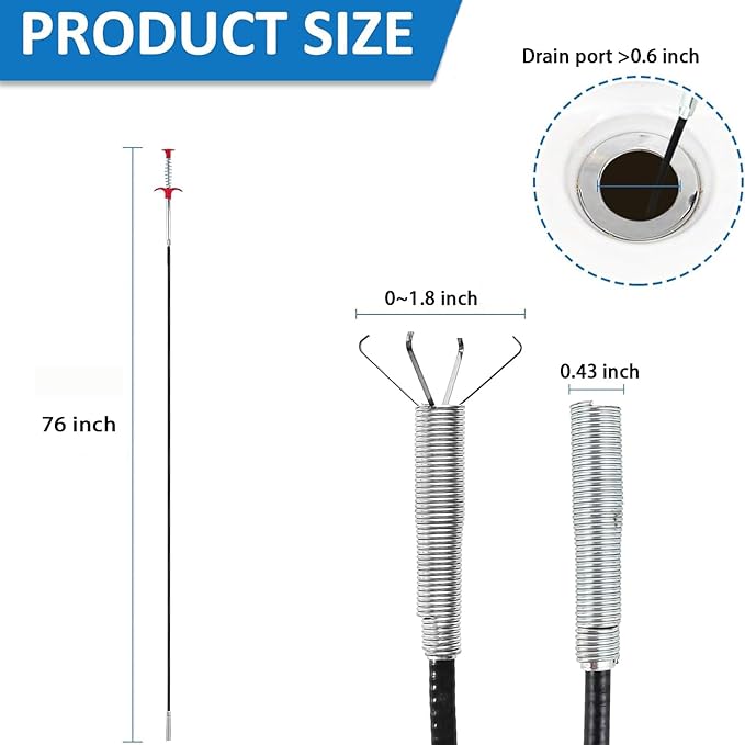New Upgrade 76 inch Drain Snake Hair Drain Clog Remover Tool - Sink Drain Cleaner for Toilet Sewer Shower Kitchen Bathroom Tub Clogged Drains Opener Cleaning Tool, Flexible Grabber Claw Pick Up Tool