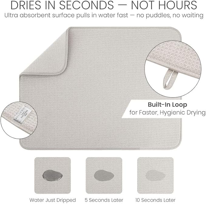 Bellemain XL Dish Mat Microfiber Dish Drying Mat, Super absorbent (Light Grey, 16" x 18")