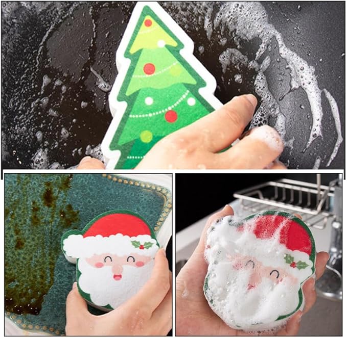 4pcs Cute Christmas Dishwashing Sponges Reusable Kitchen Scrubbers for Cleaning Thickened Design for Sturdy Use Kitchen and Bathroom Cleaning