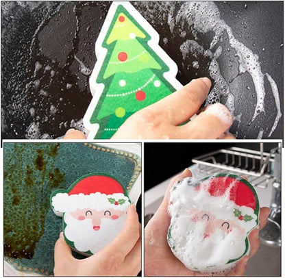 4pcs Cute Christmas Dishwashing Sponges Reusable Kitchen Scrubbers for Cleaning Thickened Design for Sturdy Use Kitchen and Bathroom Cleaning