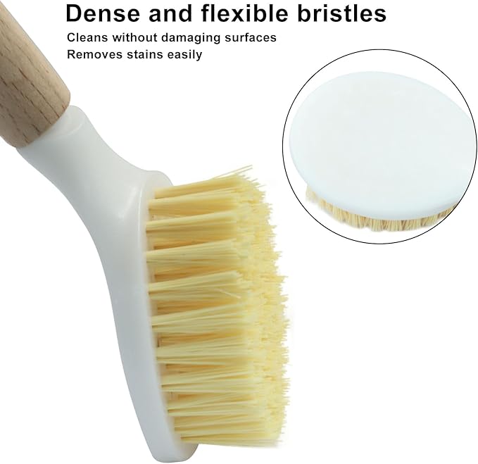 3 Pcs Kitchen Dish Brush with Bamboo Handle, Dish Scrubber Brush Built-in Scraper, Pot Scrubbers for Cleaning, Dishwashing, Dishes, Pans, Kitchen Sink and Counter